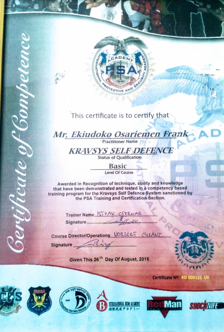 Kravsys Self Defence certificate
